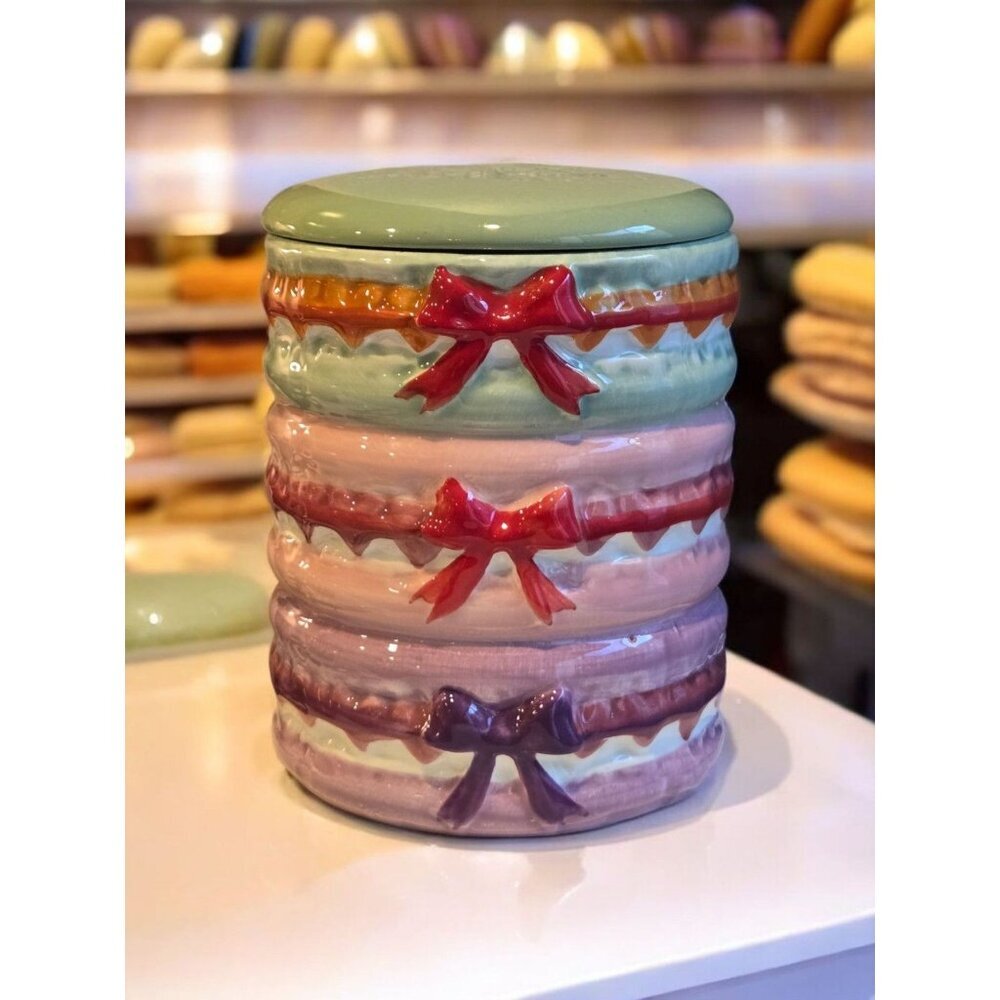 New Pastel Macaroon Cookie Ceramic Kitchen Bakery Cookie Jar W/ Lid Gift